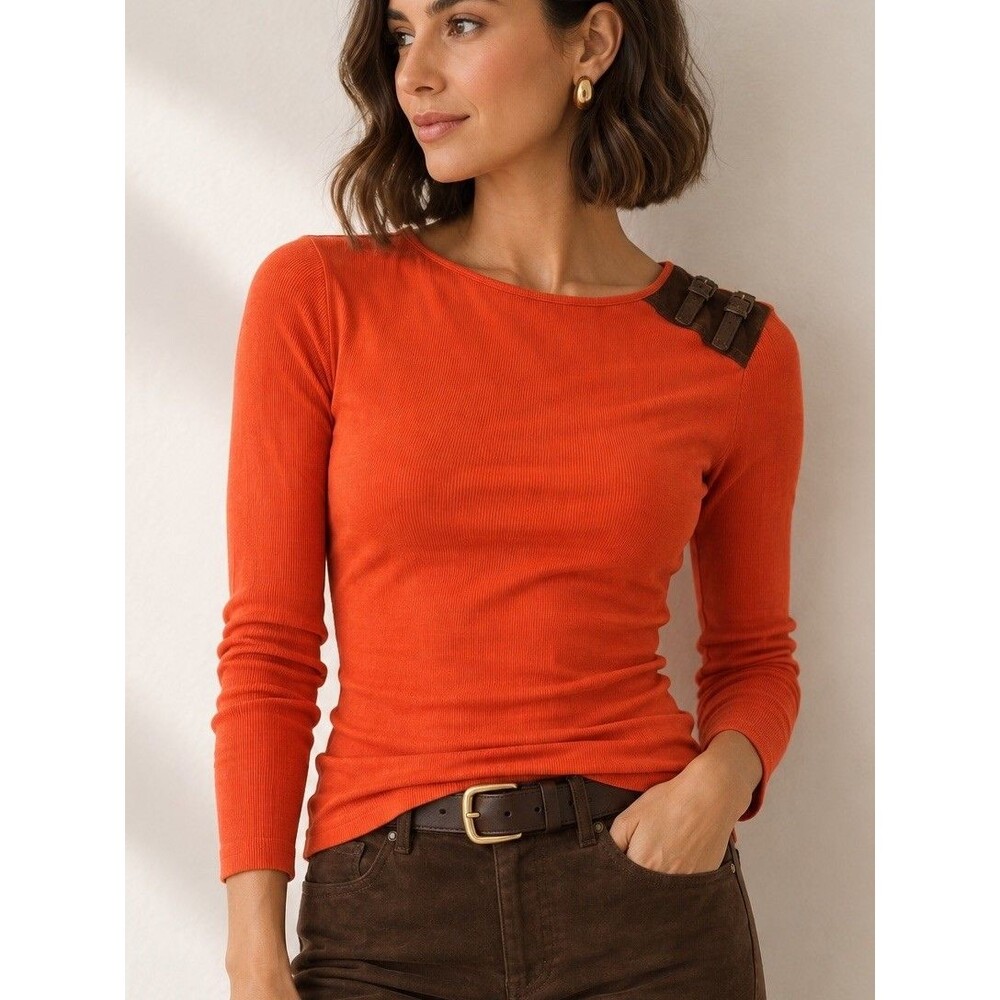 Lauren Ralph Lauren Orange LS  Ribbed Knit Top Buckle Accent Women Sz 1X EUC